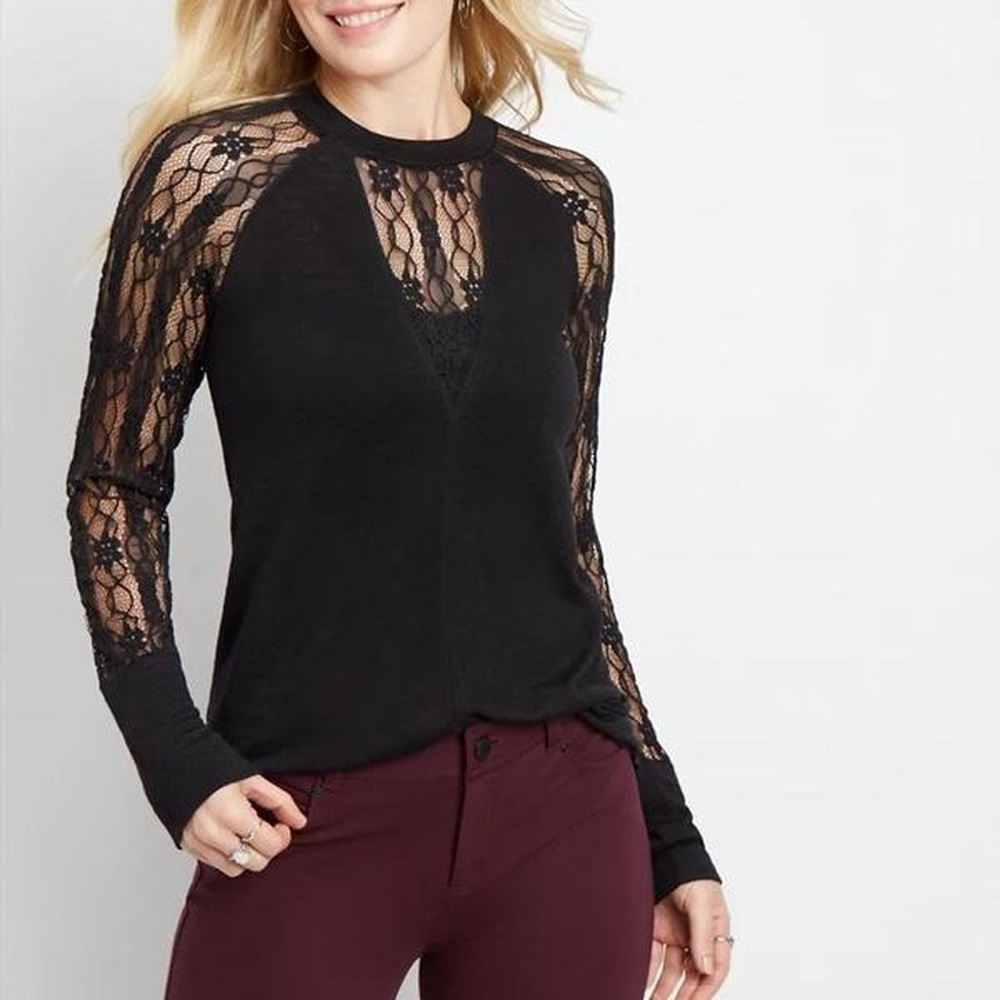 Maurices Black Lace Long Sleeve Blouse Sheer Sleeves Size L